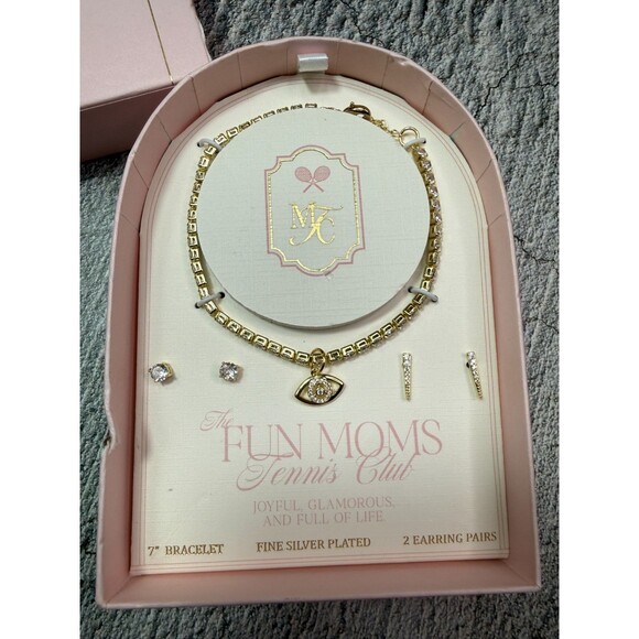 NIB The Fun Moms Tennis Club Evil Eye Bracelet 2 Earrings Set Silver Plated - Picture 1 of 9